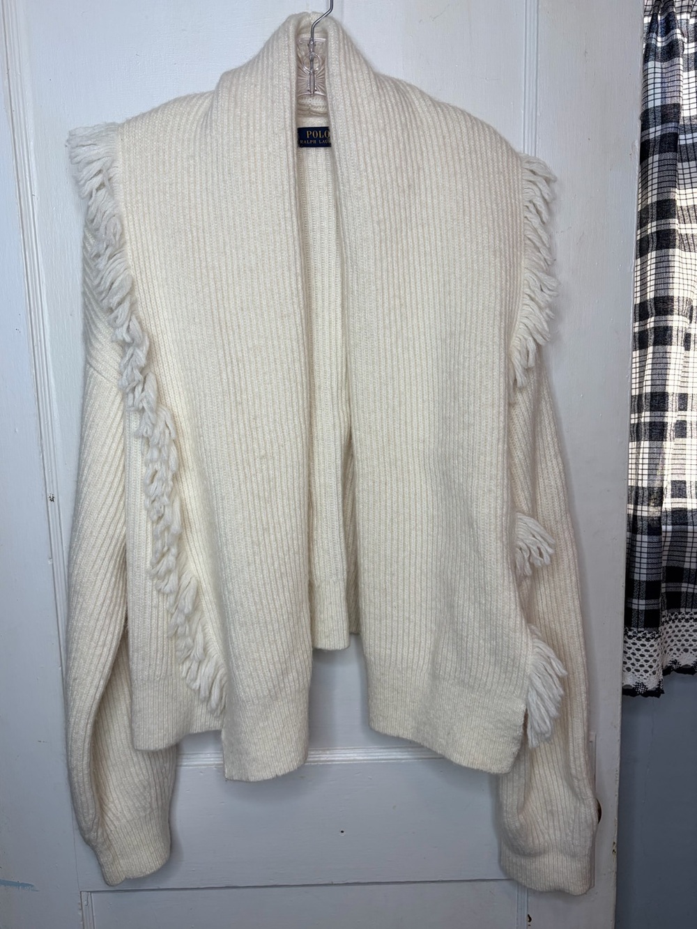Polo Ralph Lauren Fringe Trim Shawl Sweater Cardigan Cream Wool Alpaca Wrap XXL